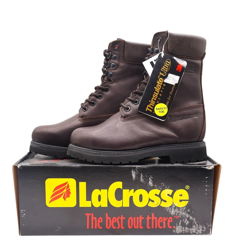 LaCrosse Caribou II Work Boots Mens 8 Vintage Brown Leather Steel Toe Thinsulate